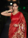 Banarasee Tissue Silk Saree With Zari Stripes & Resham Floral Embroidered Broad Border-Red