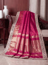 Banarasee Handwoven Tissue Saree With Floral Zari Border & Mirror Work Lace–Magenta