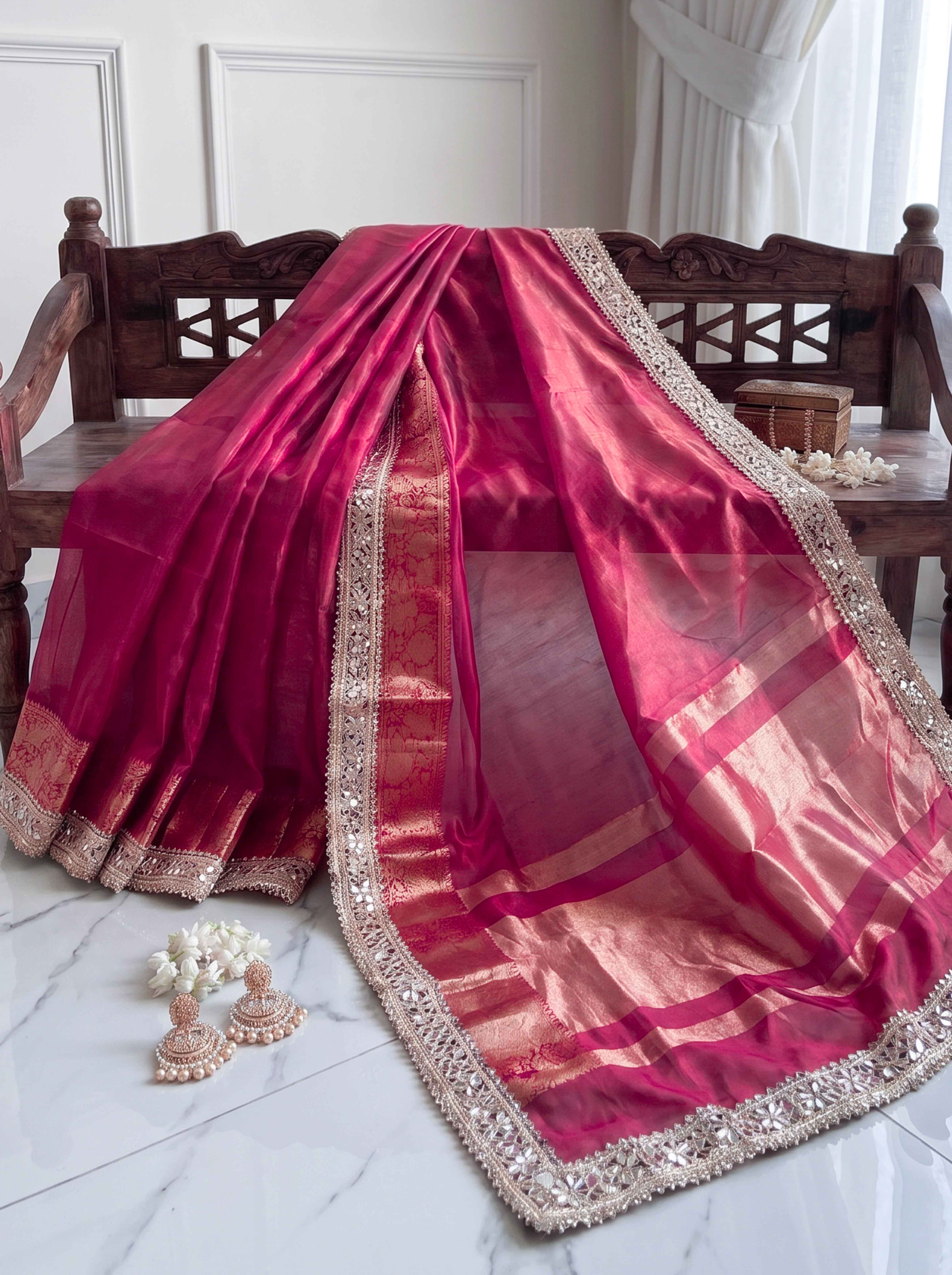 Banarasee Handwoven Tissue Saree With Floral Zari Border & Mirror Work Lace–Magenta