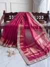 Banarasee Handwoven Tissue Saree With Floral Zari Border & Mirror Work Lace–Magenta