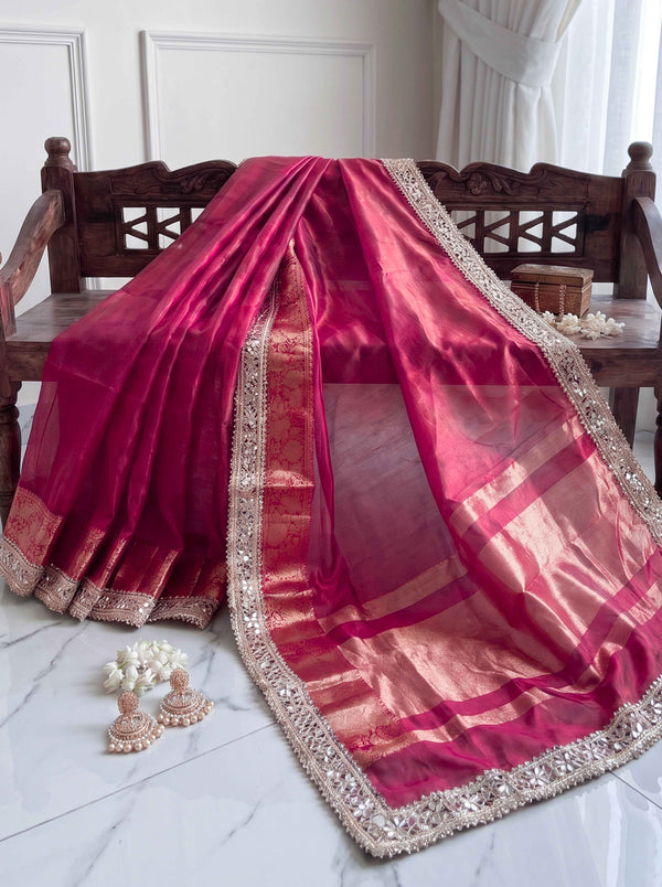 Banarasee Handwoven Tissue Saree With Floral Zari Border & Mirror Work Lace–Magenta