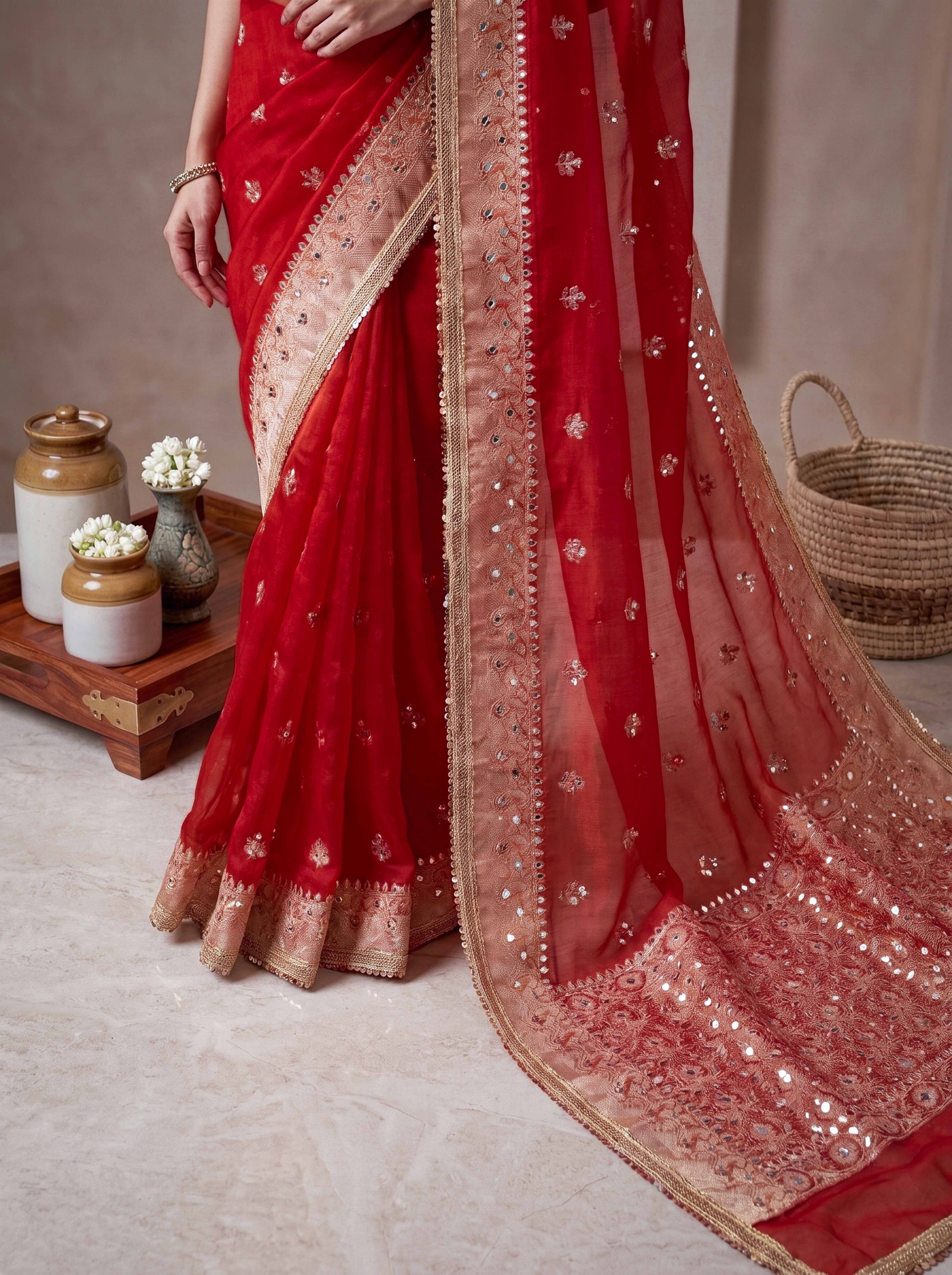 Banarasee Tissue Hand Embroidered Mirror Work Saree-Deep Red