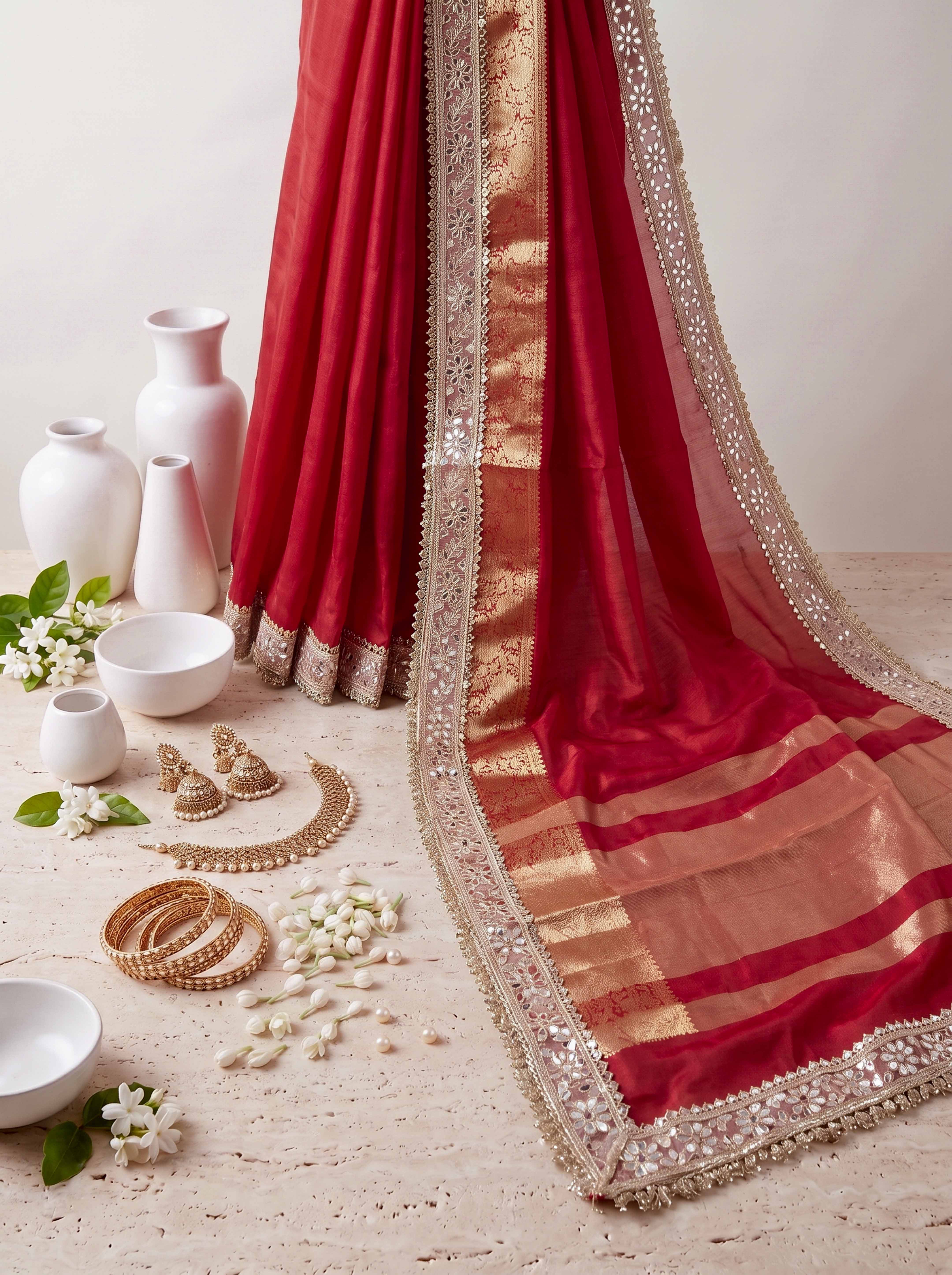 Banarasee Handwoven Tissue Saree With Floral Zari Border & Mirror Work Lace–Deep Red