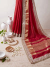 Banarasee Handwoven Tissue Saree With Floral Zari Border & Mirror Work Lace–Deep Red
