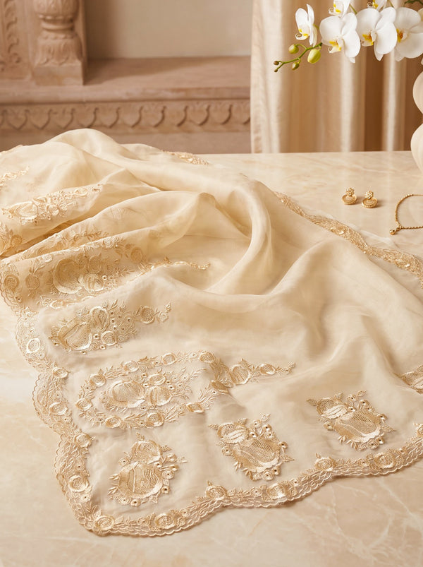 Banarasee Pure Organza Silk Saree With Floral Resham Embroidery-Cream