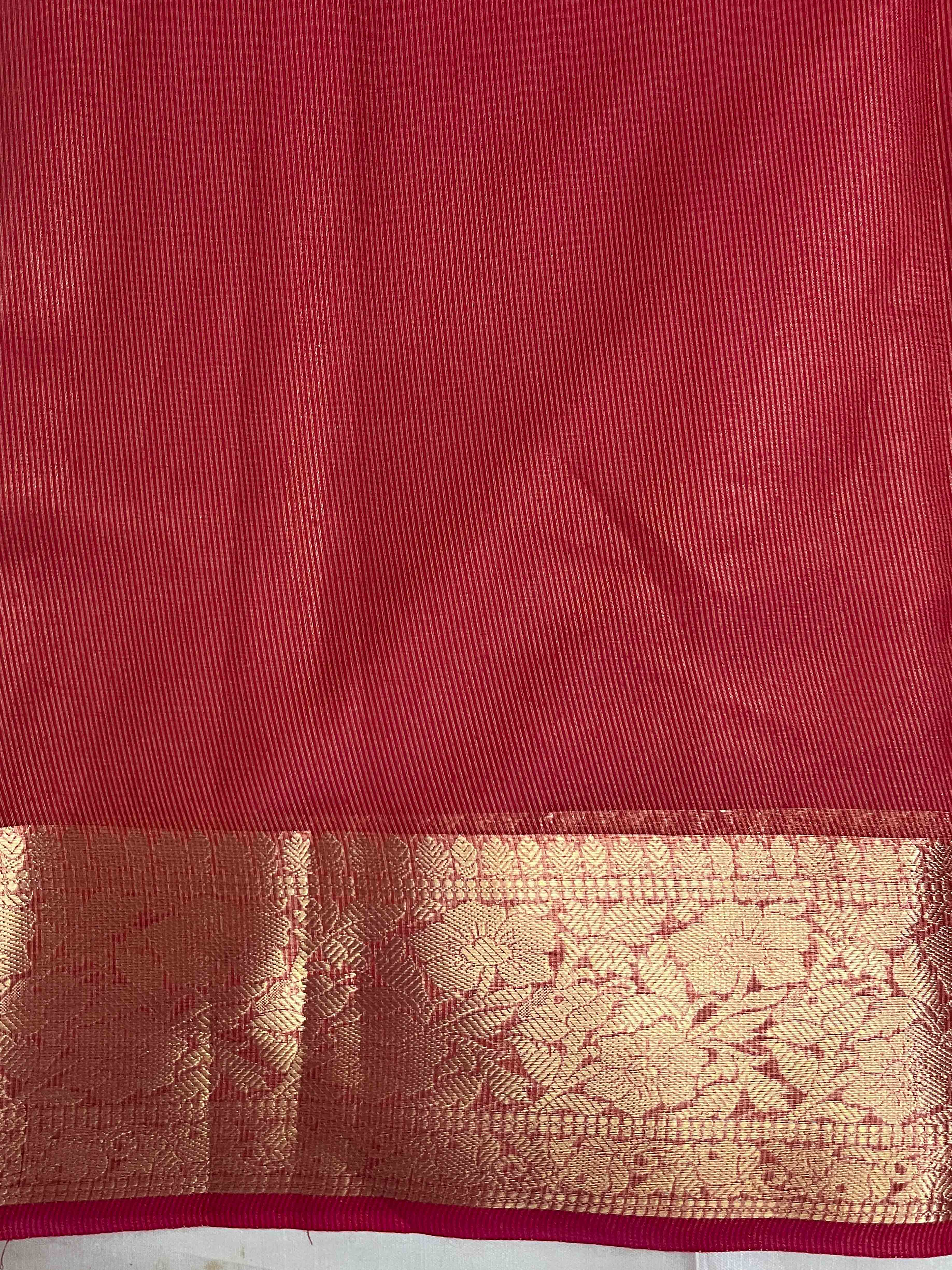 Banarasee Handwoven Plain Tissue Saree With Zari Border & Lace-Red