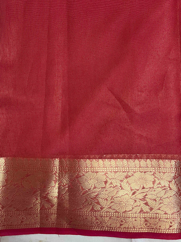 Banarasee Handwoven Plain Tissue Saree With Zari Border & Lace-Red