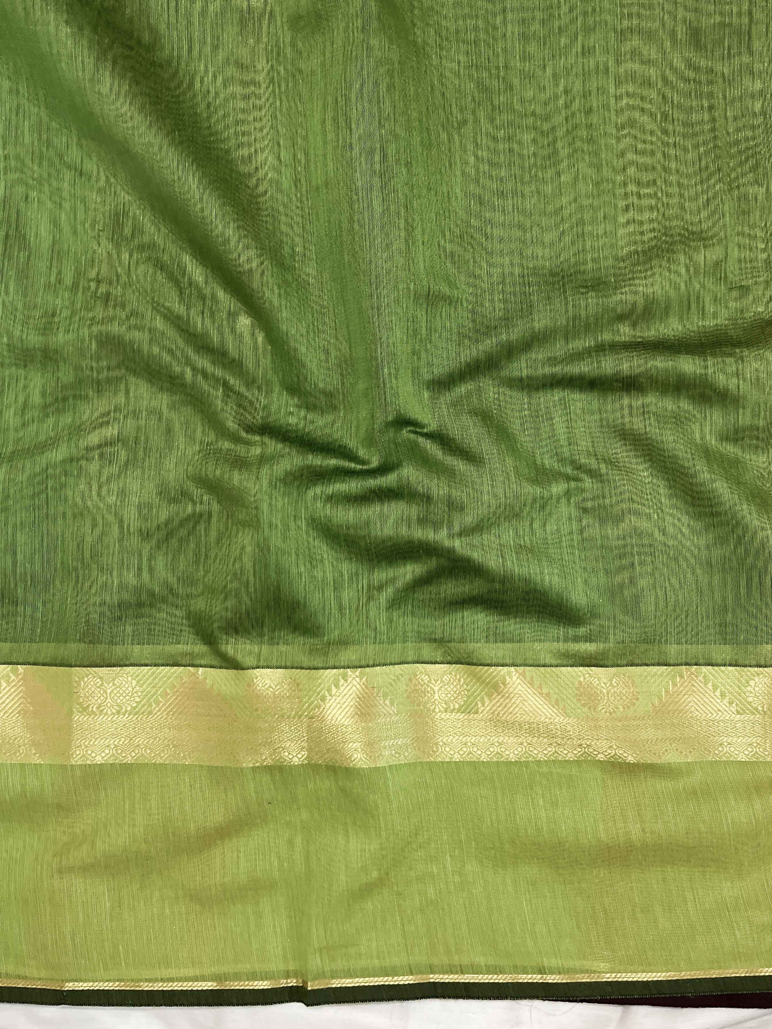 Banarasee Cotton Silk Saree With Gold Zari Border & Contrast Pallu-Burgundy & Green