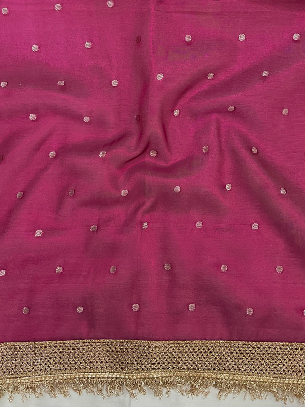 Banarasee Handwoven Tissue Saree With Zari Buti Design & Lace-Magenta