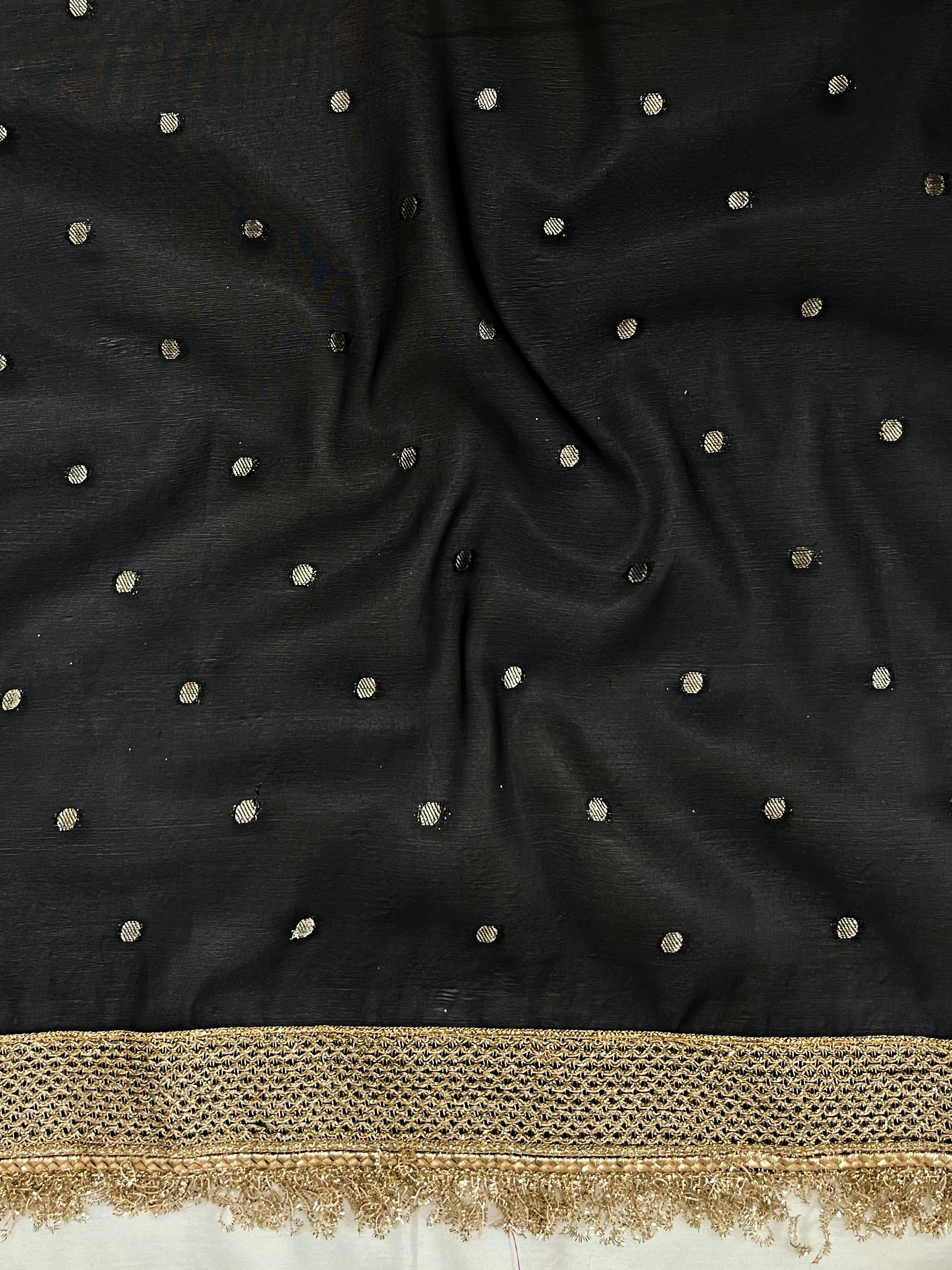 Banarasee Handwoven Tissue Saree With Zari Buti Design & Lace-Black