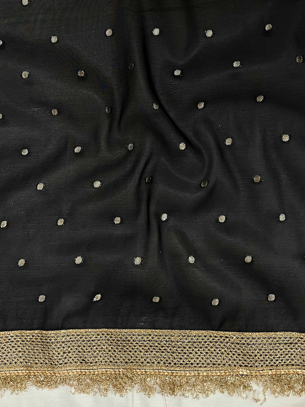 Banarasee Handwoven Tissue Saree With Zari Buti Design & Lace-Black