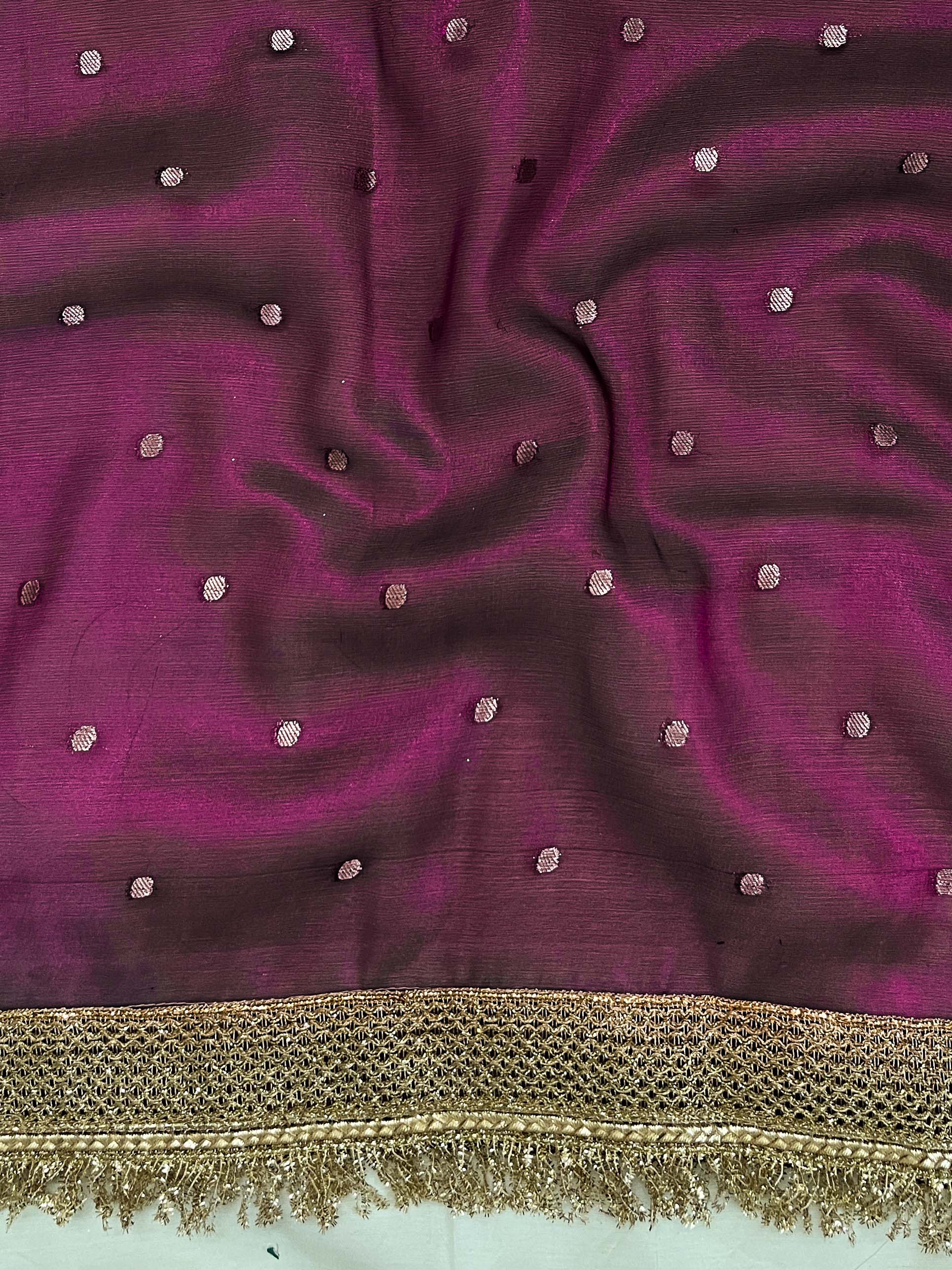 Banarasee Handwoven Tissue Saree With Zari Buti Design & Lace-Purple