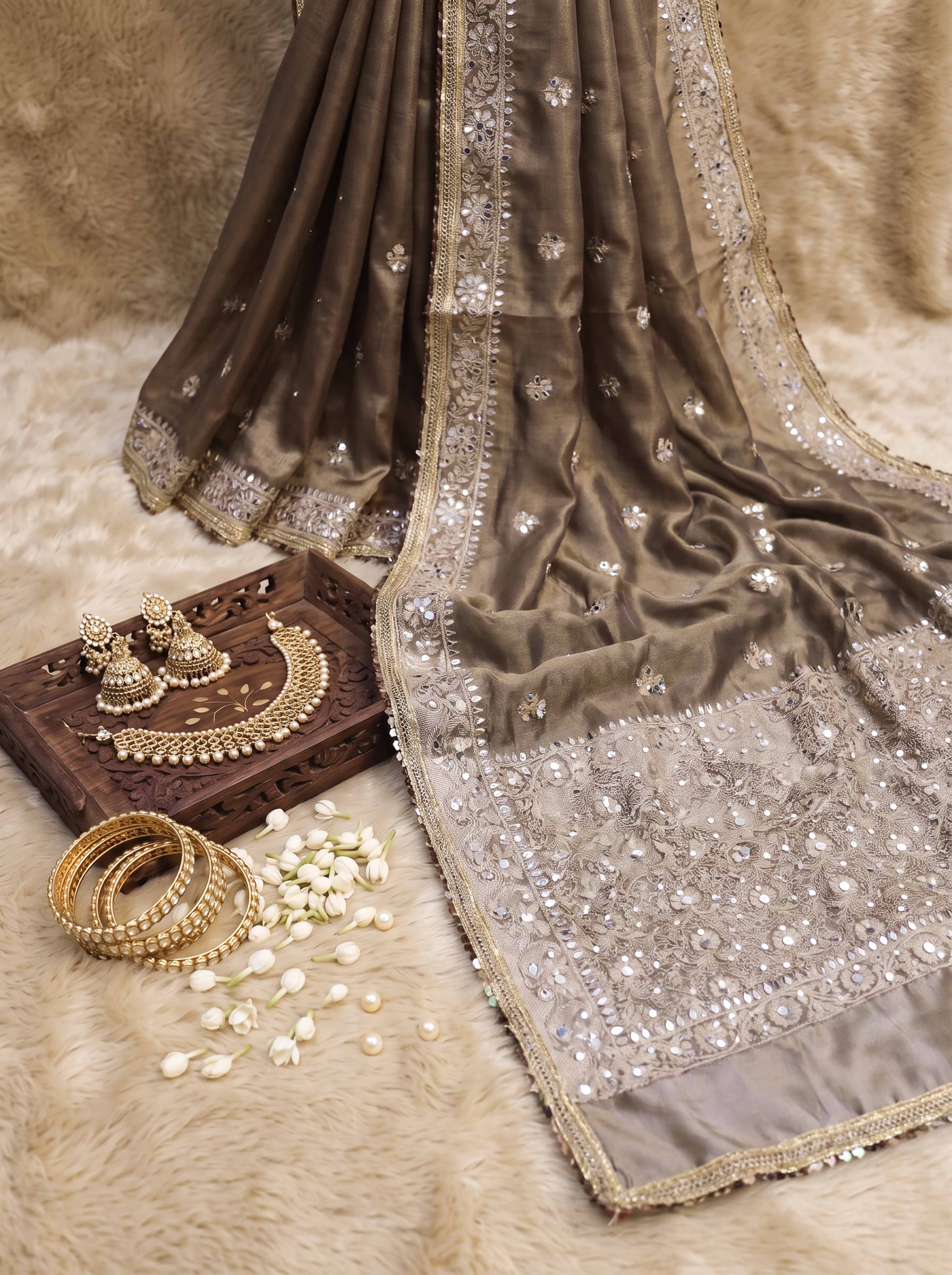 Banarasee Tissue Hand Embroidered Mirror Work Saree-Earthy Brown