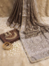 Banarasee Tissue Hand Embroidered Mirror Work Saree-Earthy Brown