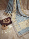 Banarasee Tissue Zari Saree With Handwork Pearl Motifs & Mirror Work-Grey (Blue Tone)