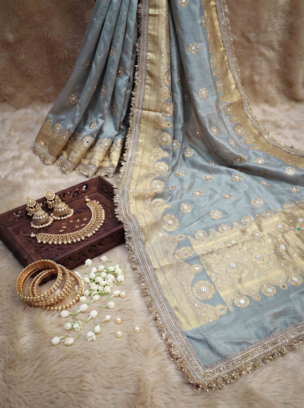 Banarasee Tissue Zari Saree With Handwork Pearl Motifs & Mirror Work-Grey (Blue Tone)