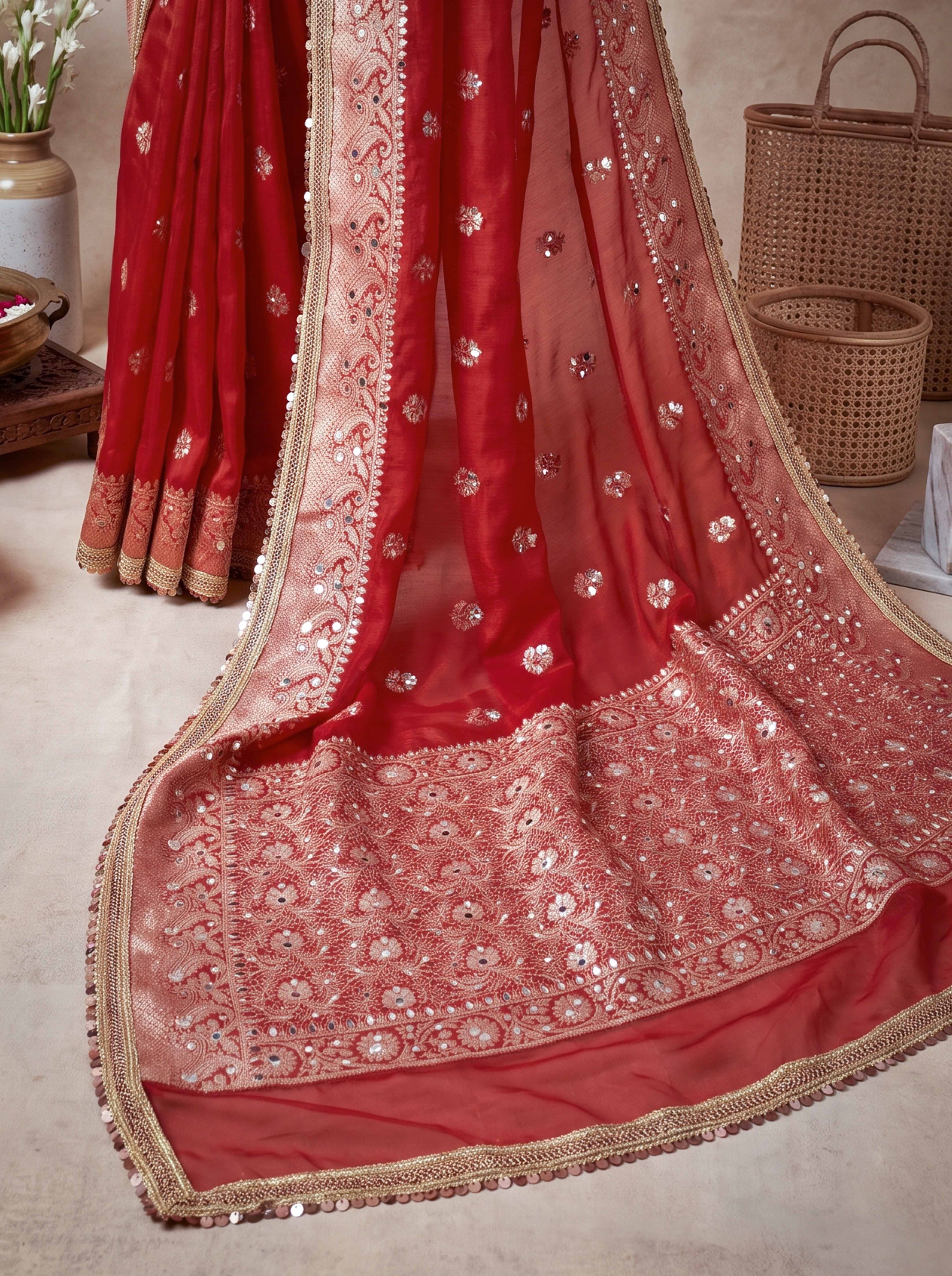 Banarasee Tissue Hand Embroidered Mirror Work Saree-Deep Red