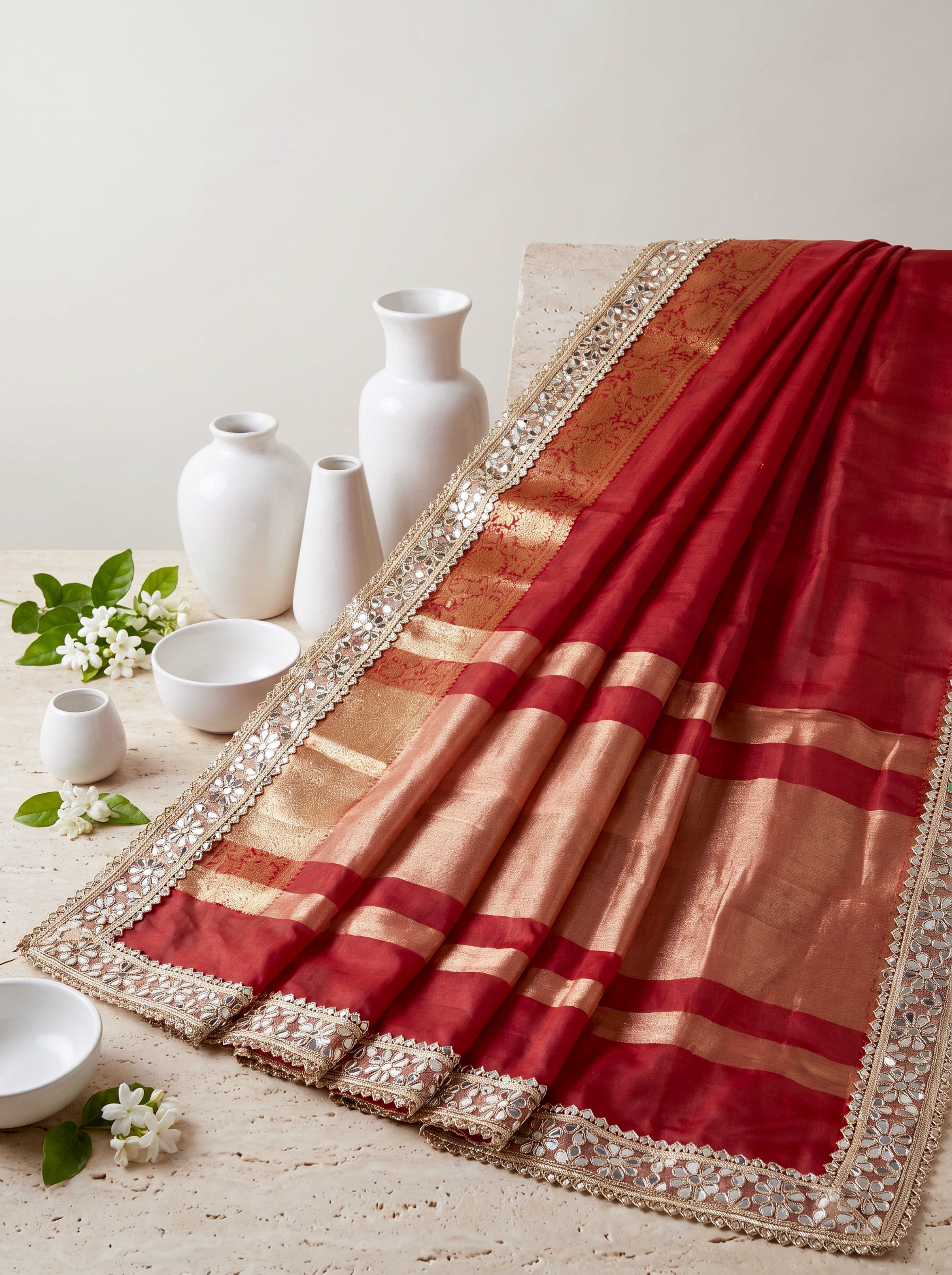 Banarasee Handwoven Tissue Saree With Floral Zari Border & Mirror Work Lace–Deep Red