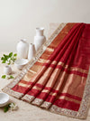 Banarasee Handwoven Tissue Saree With Floral Zari Border & Mirror Work Lace–Deep Red