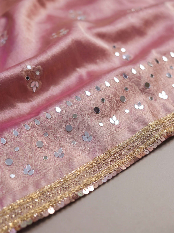 Banarasee Tissue Hand Embroidered Mirror Work Saree-Light Pink