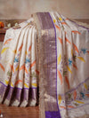 Banarasee Tissue Hand Embroidered Mirror Work Saree With Digital Prints & Lace-Cream & Violet
