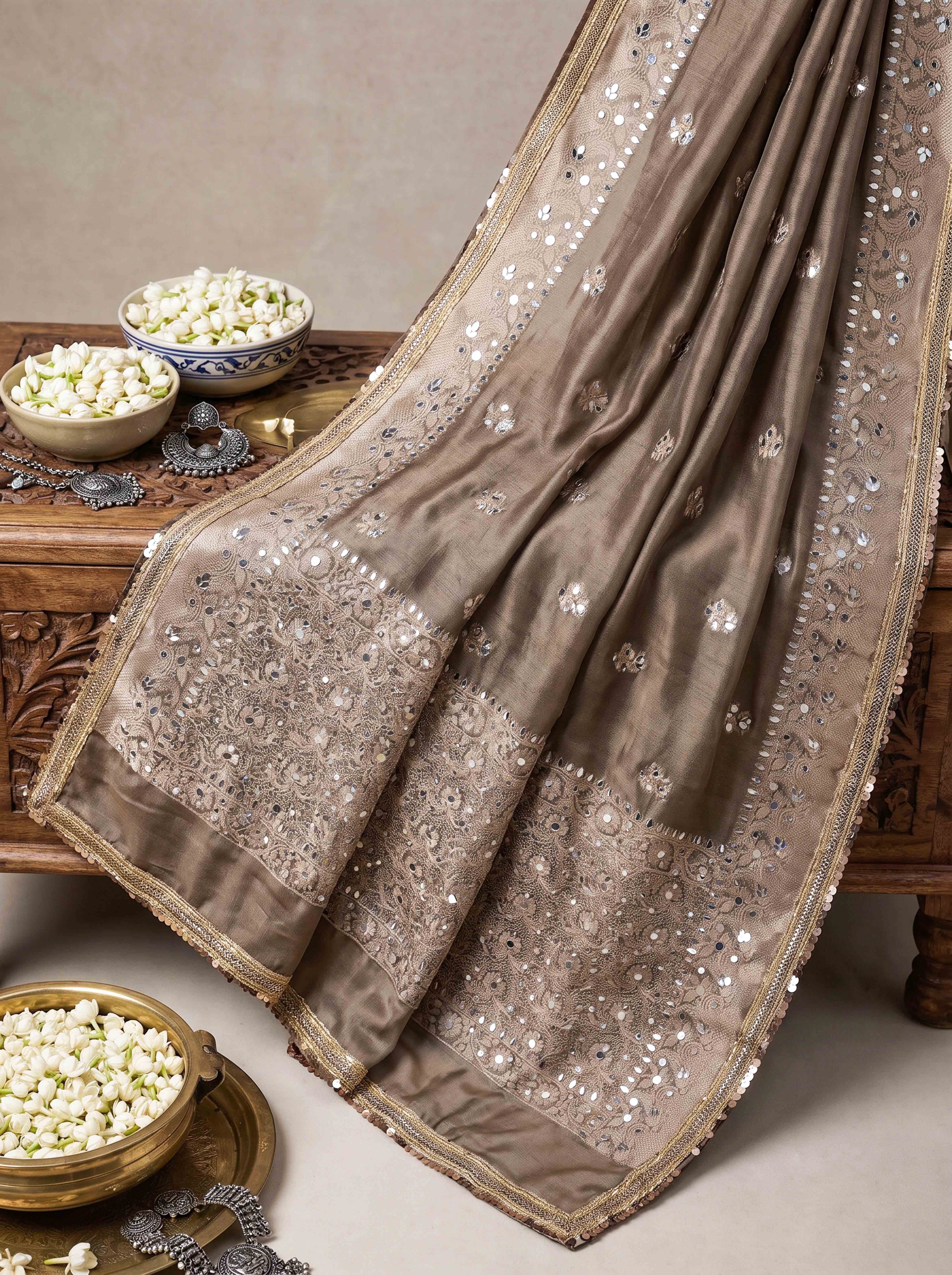 Banarasee Tissue Hand Embroidered Mirror Work Saree-Earthy Brown