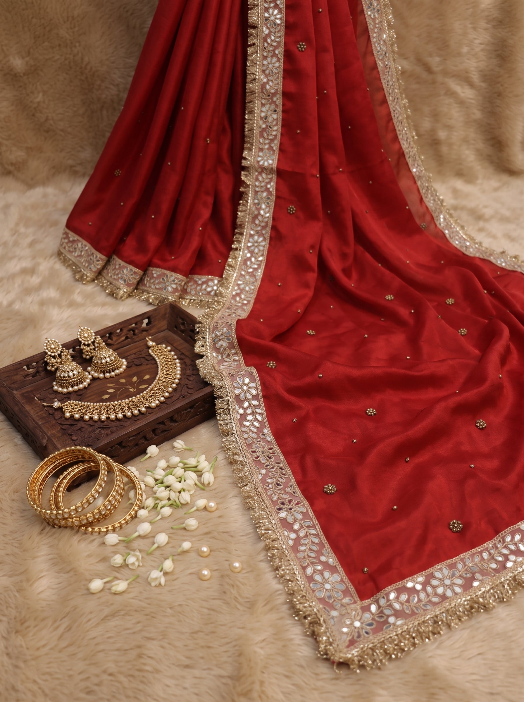 Banarasee Tissue Saree With HandworkMotifs & Mirror Work Lace-Deep Red