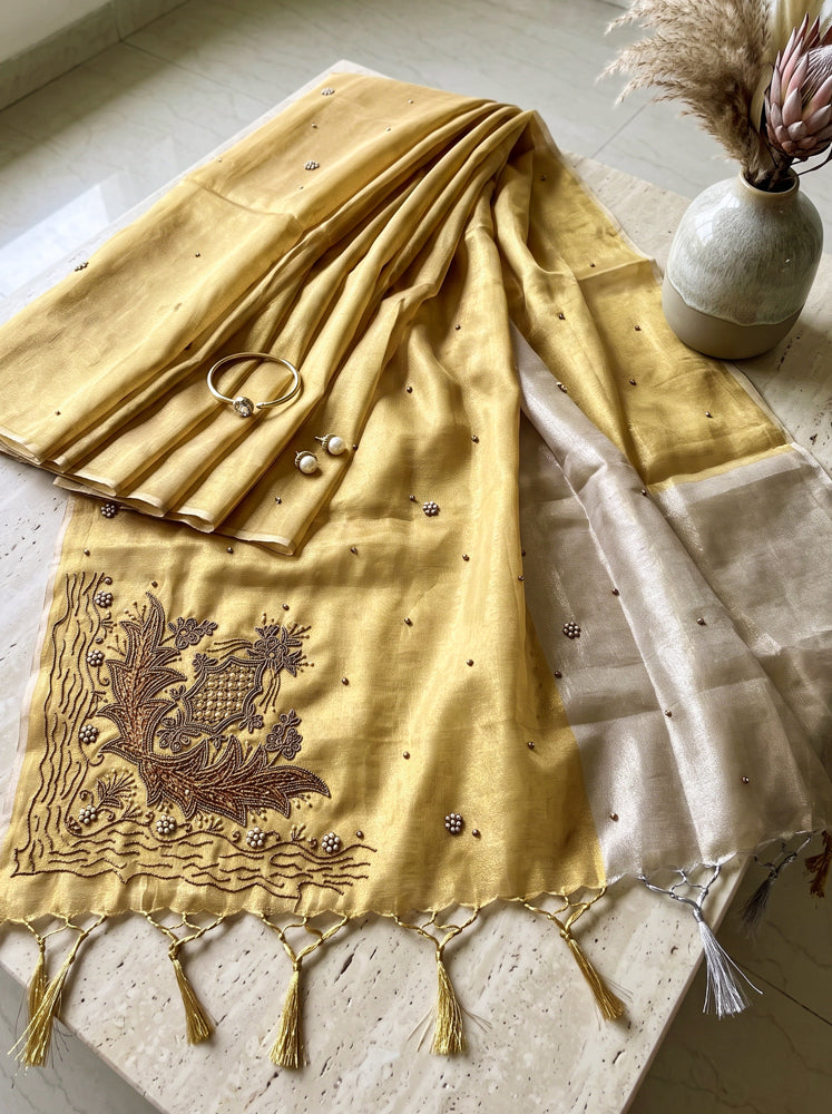 Banarasee Tissue Saree With Hand Embroidered Cutdana Work & Pearl Motifs-Gold & Silver