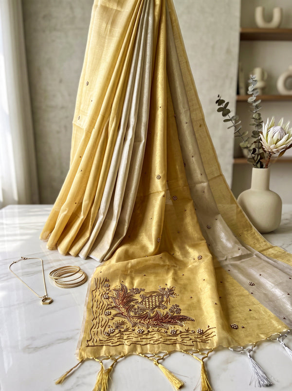Banarasee Tissue Saree With Hand Embroidered Cutdana Work & Pearl Motifs-Gold & Silver