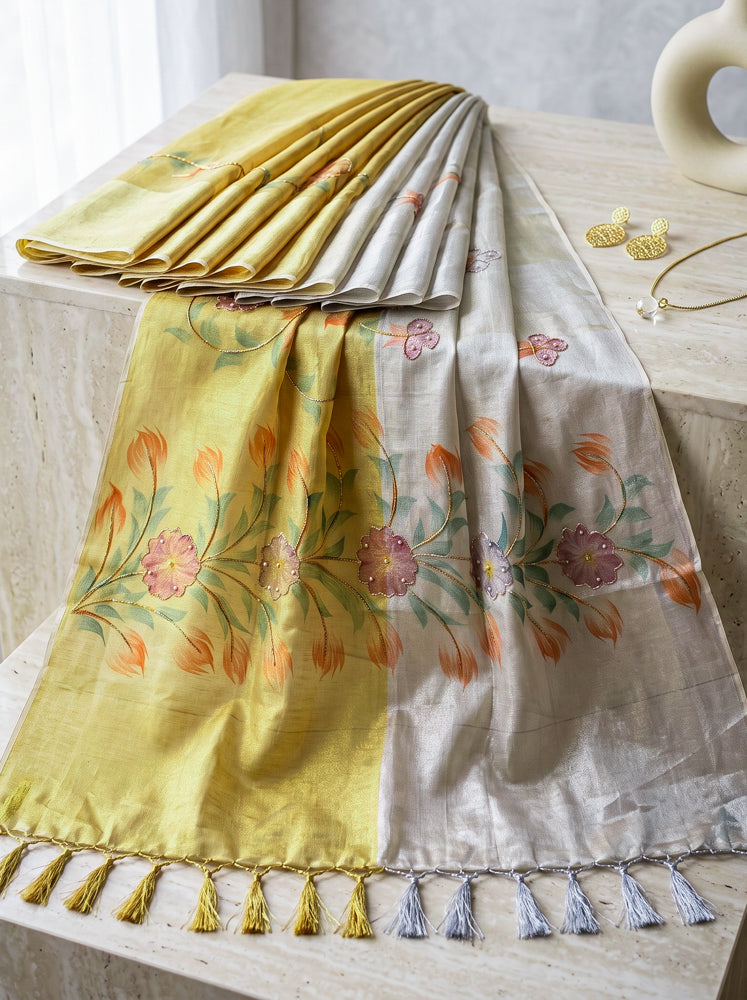 Banarasee Tissue Saree With Hand Embroidered Cutdana Work & Digital Prints-Gold & Silver