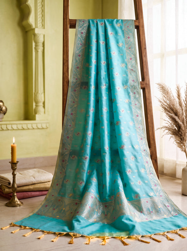 Banarasee Semi Katan Zari Work Salwar Kameez Fabric With Dupatta Set-Aqua Blue (Dual Tone)