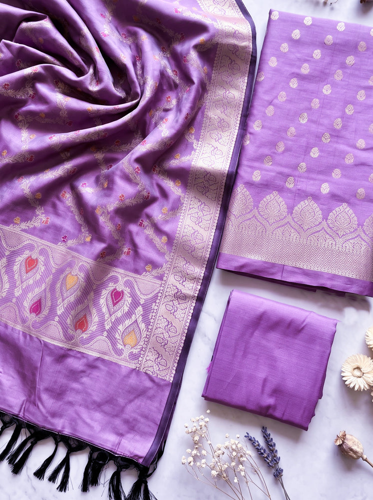 Banarasee Semi Katan Zari Work Salwar Kameez Fabric With Dupatta Set-Violet