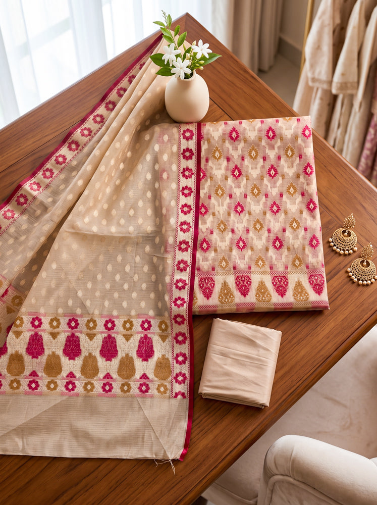 Banarasee Cotton Resham Work Salwar Kameez Fabric With Dupatta Set-Beige