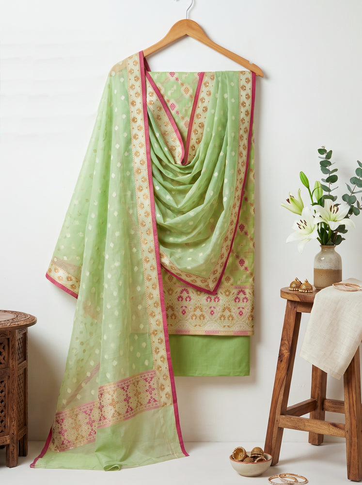 Banarasee Cotton Resham Work Salwar Kameez Fabric With Dupatta Set-Light Green