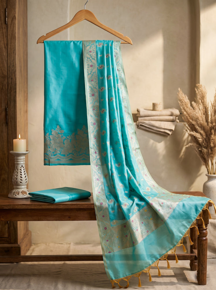 Banarasee Semi Katan Zari Work Salwar Kameez Fabric With Dupatta Set-Aqua Blue (Dual Tone)