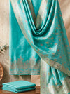Banarasee Semi Katan Zari Work Salwar Kameez Fabric With Dupatta Set-Aqua Blue (Dual Tone)