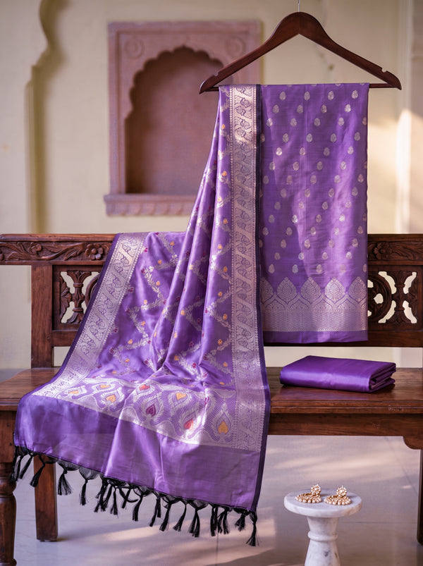 Banarasee Semi Katan Zari Work Salwar Kameez Fabric With Dupatta Set-Violet