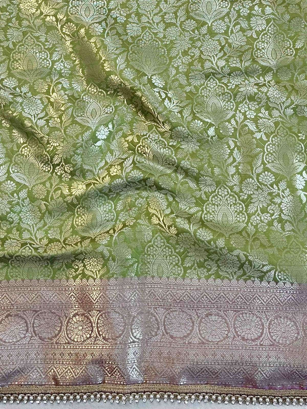 Banarasee Handwoven Tissue Saree With Zari Jaal Design & Lace-Green & Lavender