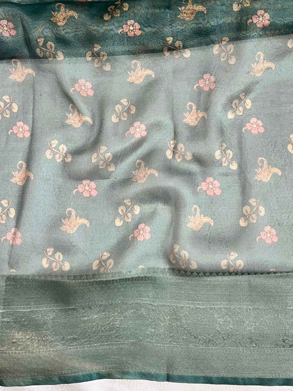 Banarasee Handwoven Tissue Saree With Digital Print & Lace-Green