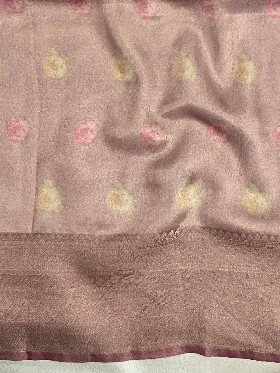 Banarasee Handwoven Tissue Saree With Digital Print & Lace-Mauve