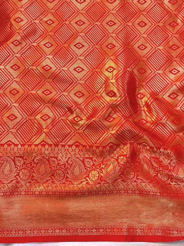 Banarasee Handwoven Soft Tissue Saree With Zari Jaal Design & Lace-Red & Gold