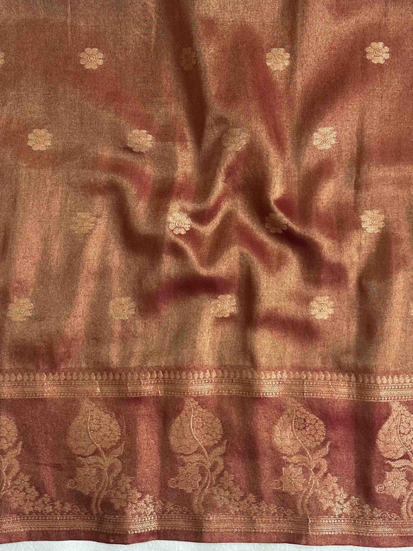 Banarasee Handwoven Soft Tissue Saree With Zari Border & Buti Design-Rust (Dual Tone)