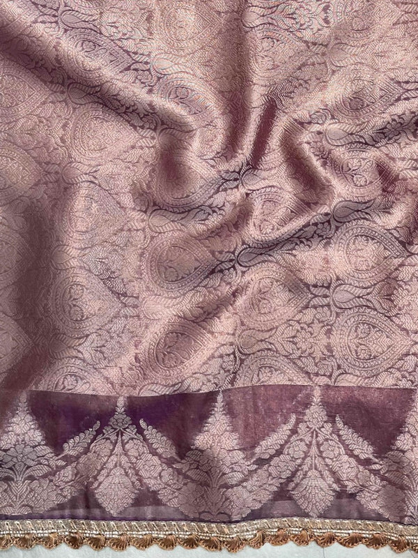 Banarasee Handwoven Crushed Tissue Saree With Zari Buta Design & Lace-Onion Pink