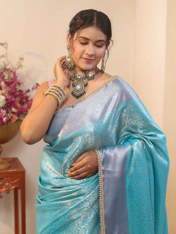 Banarasee Handwoven Tissue Saree With Zari Jaal Design & Lace-Sky Blue & Violet