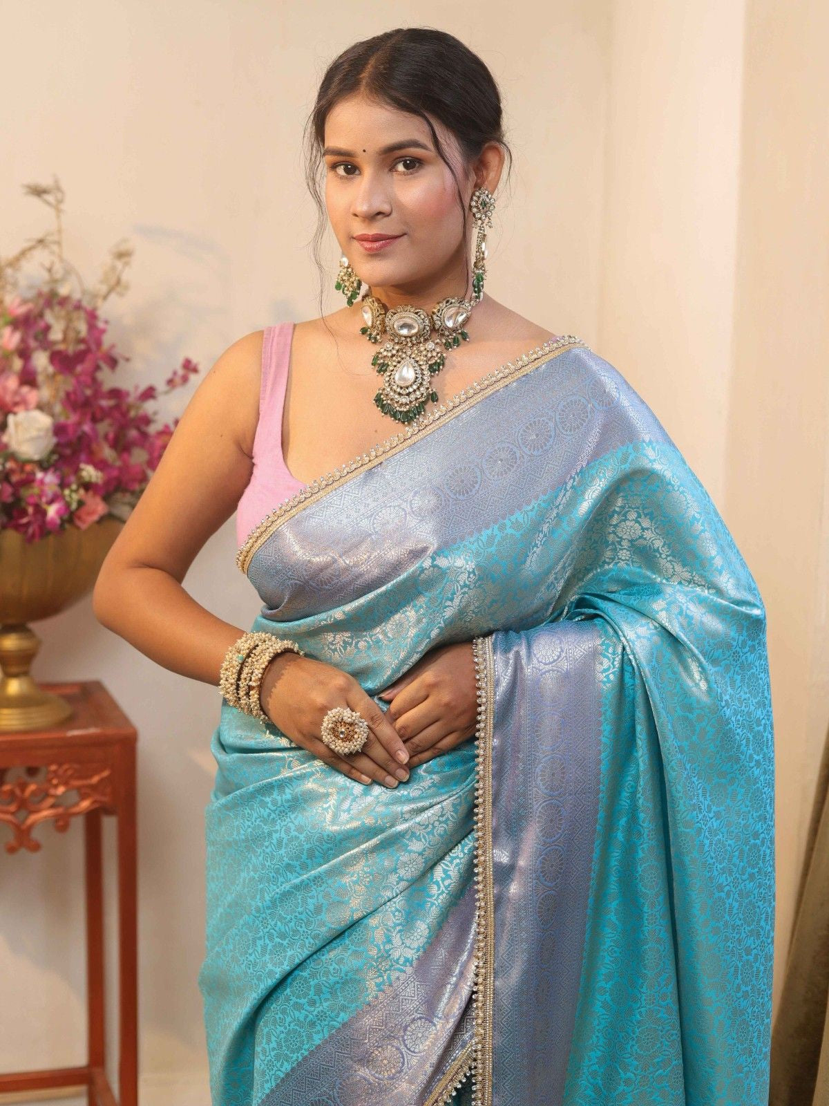 Banarasee Handwoven Tissue Saree With Zari Jaal Design & Lace-Sky Blue & Violet