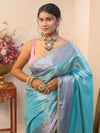 Banarasee Handwoven Tissue Saree With Zari Jaal Design & Lace-Sky Blue & Violet