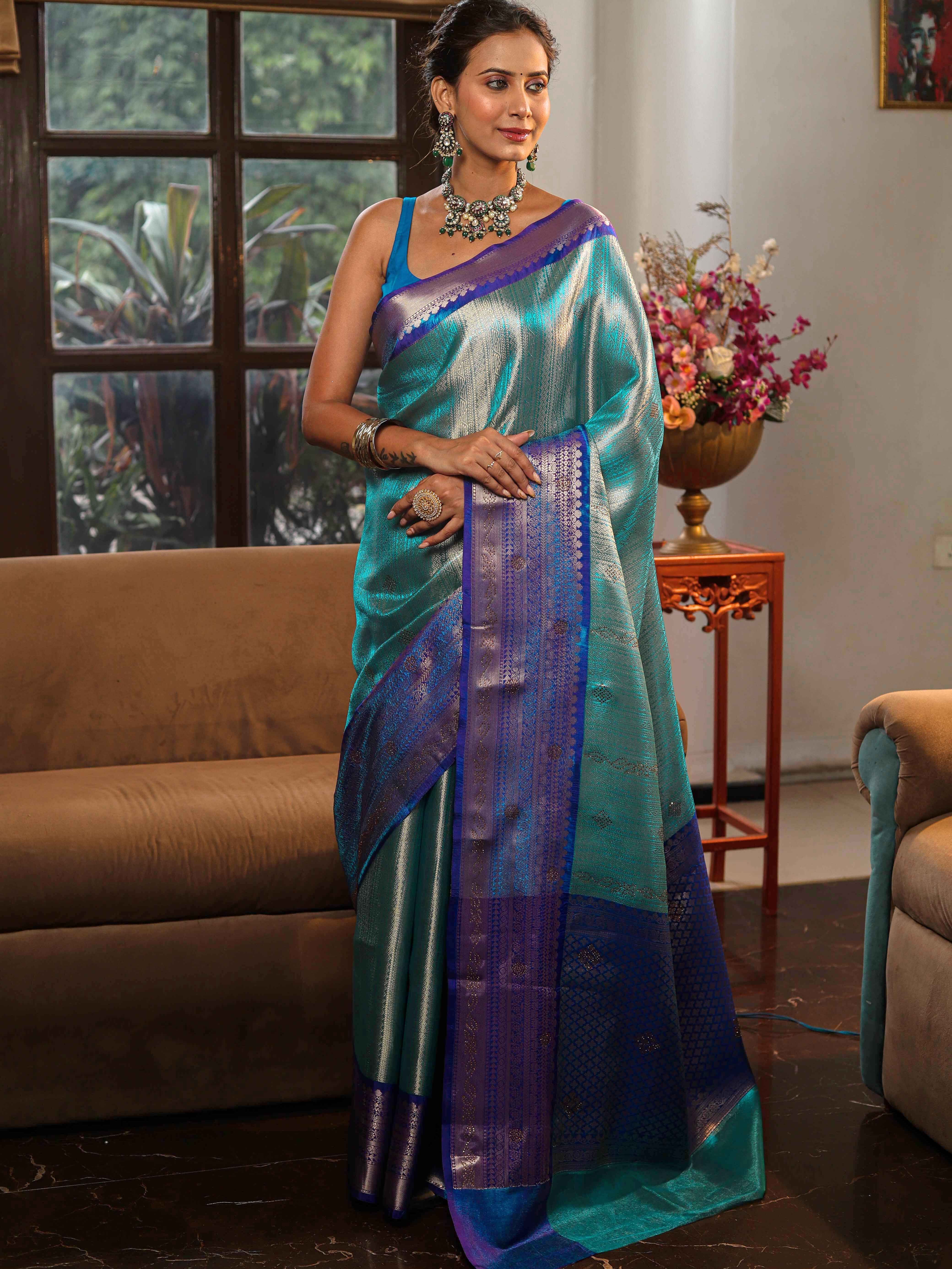Banarasee Handwoven Tissue Saree With Silver Zari Design Broad Border & Lace-Blue (Dual Shade)