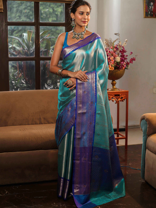Banarasee Handwoven Tissue Saree With Silver Zari Design Broad Border & Lace-Blue (Dual Shade)