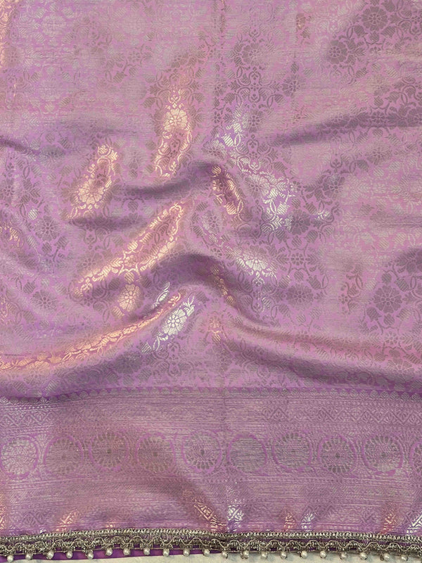 Banarasee Handwoven Tissue Saree With Zari Jaal Design & Lace-Silver & Pink