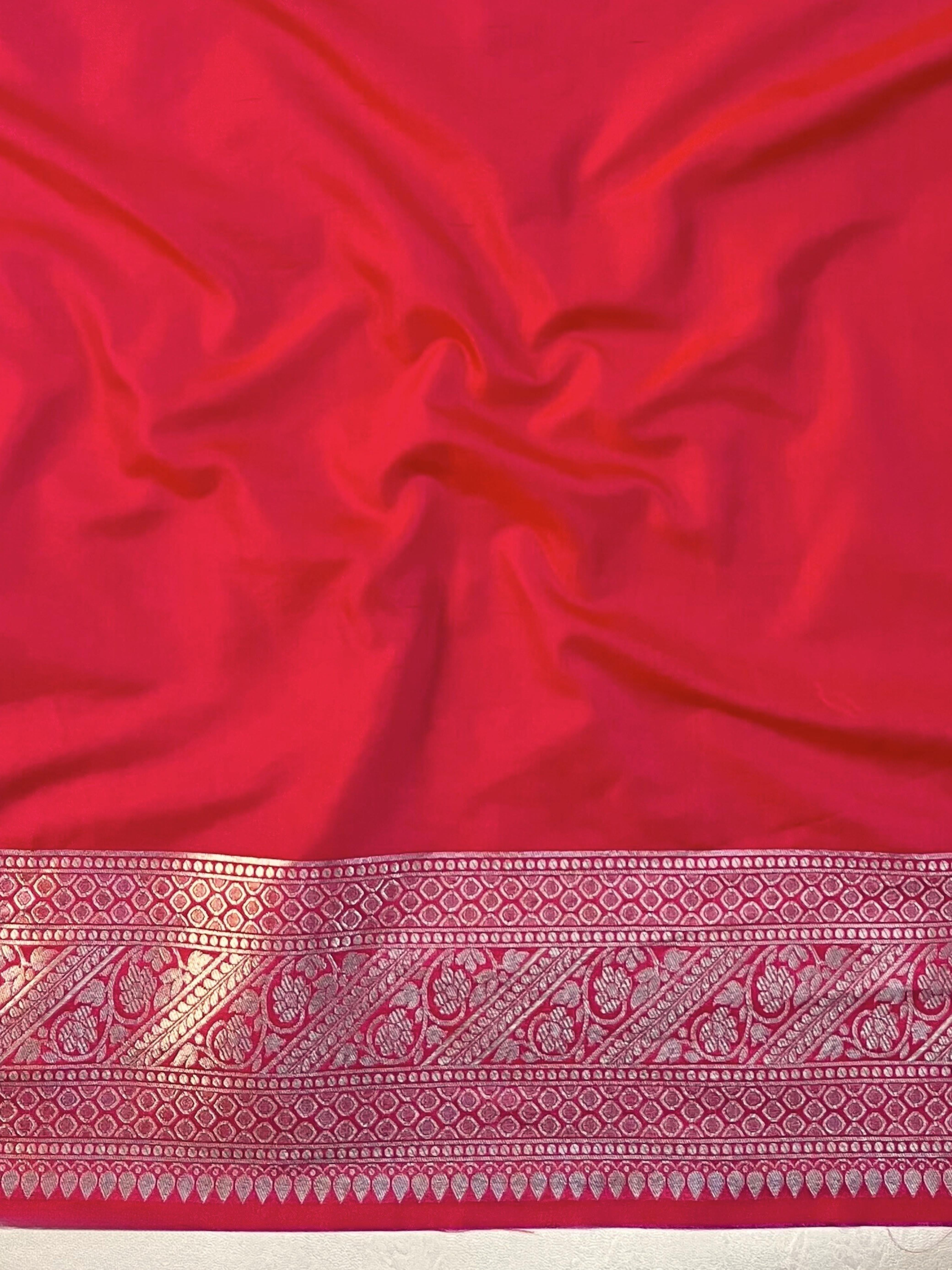 Banarasee Handwoven Semi-Katan Zari & Resham Weaving Floral Border Saree-Orange